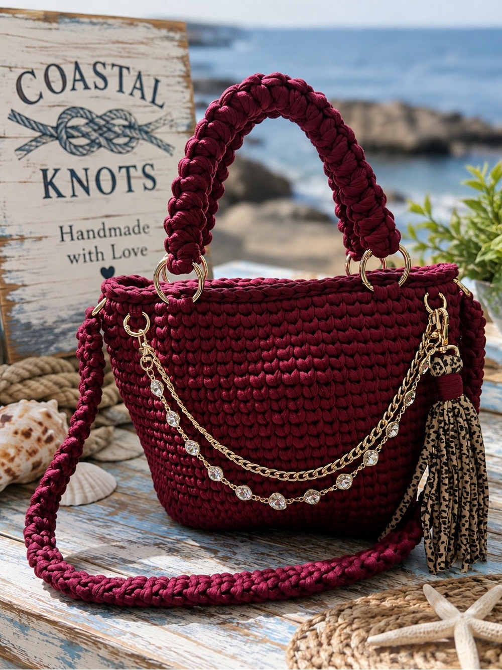 Handmade Burgundy Crochet Tote Bag with Gold Chain Accents